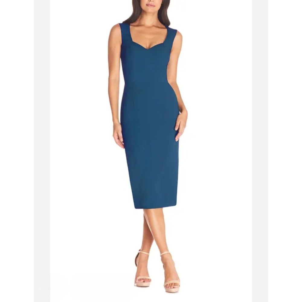 Dress‎ the Population Elle Sweetheart Midi Sheath Dress Teal Blue Size L NWT